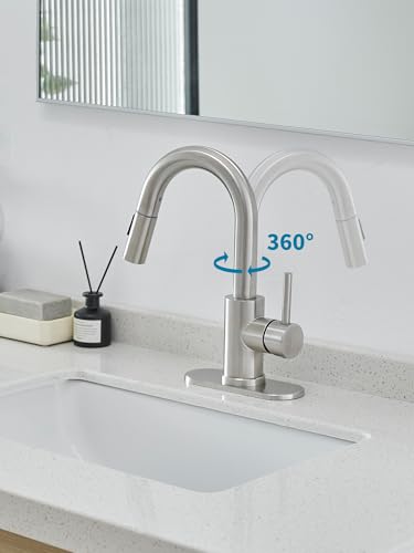 Brushed Bathroom Sink Faucet with Pull Out Sprayer for Sink 1 Hole,Bar Sink Faucet with Pop-Up Drain,Stainless Steel Single Handle Kitchen Faucet 360° Swivel Bathroom Faucets for Two Water Outlet Mode - color: Brushed Nickel, style: Pull-out