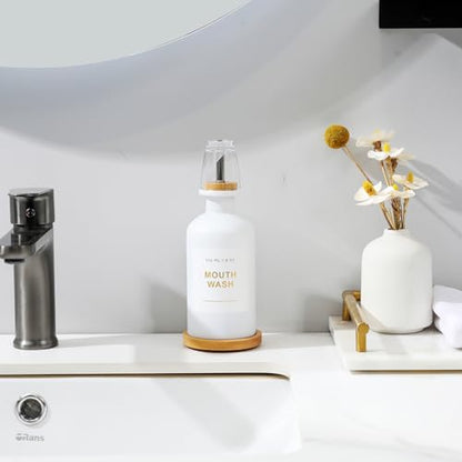 11.8OZ Mouthwash Dispenser for Bathroom, White | Bamboo & Stainless Steel Pour Spout, Mouthwash Cup Reusable, Bamboo Tray, Elegant Gold Label - color: White/350*1