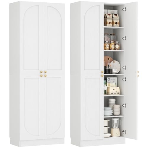 Cyclysio 80" Kitchen Pantry with 4 Soft Close Doors, Seamless Fit Wall | Extra Tall Arch Storage Cabinet with Adjustable Shelves, Freestanding Wood Cupboard for Dining Living Room Bathroom Furniture - color: White, size: 1 Pack