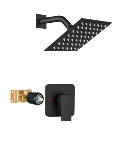 Heyalan 6 Inch Square Rain Shower Faucet Set with Valve, Matte Black | Female-thread 1/2-inch NPT connections, SUS304 shower head, brass rough-in valve, single-handle control Shower Set - color: Black, size: 6 Inch Square Shower Head