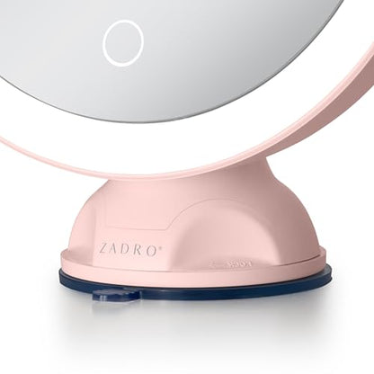 Zadro Zado 8.25-Inch x 6.9-Inch Round LED Lighted Wall Mounted Suction Cup Makeup Mirror with 10X Magnification and Touch Controls (Pink) - color: Pink