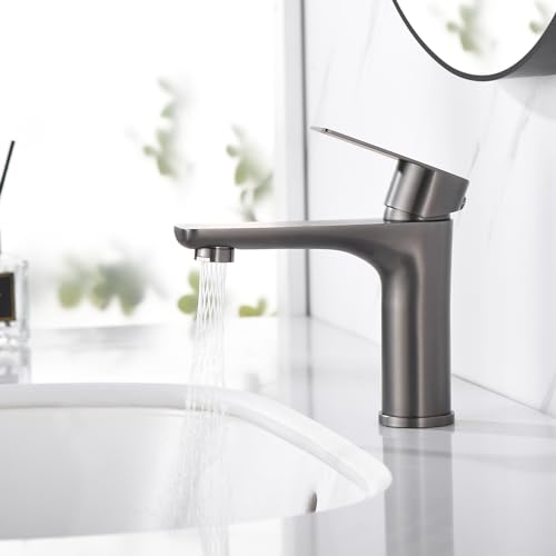 SUMERAIN Bathroom Faucets for Sink Lavatory Faucet 304 Stainless Steel Single Hole Single Handle, Gun Gray | Unique Flow Pattern, Water-saving, Lead-Free, with Faucet Supply Lines, Easy DIY Install - color: Gun Gray