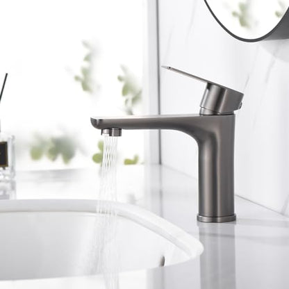 SUMERAIN Bathroom Faucets for Sink Lavatory Faucet 304 Stainless Steel Single Hole Single Handle, Gun Gray | Unique Flow Pattern, Water-saving, Lead-Free, with Faucet Supply Lines, Easy DIY Install - color: Gun Gray