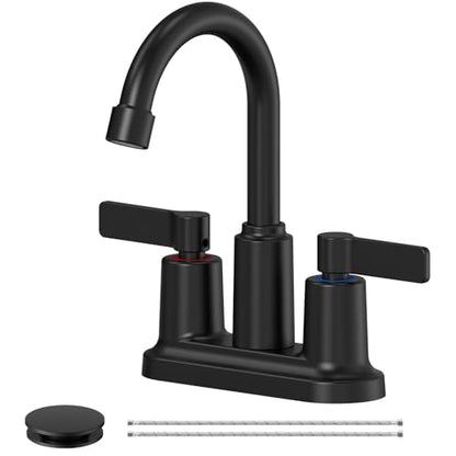 Matte Black Bathroom Sink Faucet 3 Hole 4 Inch Centerset Bathroom Faucets | Faucet for Bathroom Sink with Pop Up Drain and 2 Supply Hoses 2 Handle Bathroom Faucet for Sink Vanity RV Evolvegoods - color: Matte Black