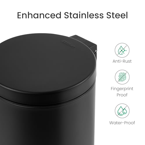 Cesun Small Round Bathroom Trash Can with Lid Soft Close, 1.2 Gal, Black | Removable Inner Bucket, Stainless Steel Garbage Can for Bedroom/Office, Hands-Free Step Pedal, Fingerprint-Resistant - color: Matte Black