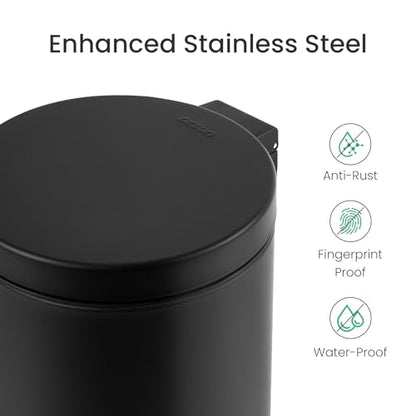 Cesun Small Round Bathroom Trash Can with Lid Soft Close, 1.2 Gal, Black | Removable Inner Bucket, Stainless Steel Garbage Can for Bedroom/Office, Hands-Free Step Pedal, Fingerprint-Resistant - color: Matte Black