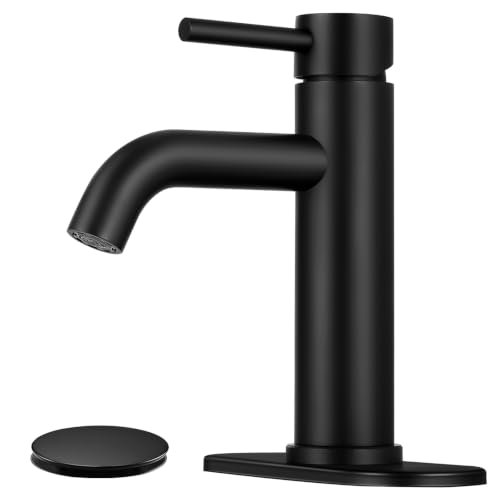 Bathroom Faucet, Single Handle Vanity Sink Faucet, Matte Black | Matte Black, for 1/3-Hole, Stainless Steel, Ceramic Cartridge, Pop-Up Drain, Deck Plate, For Vanity Powder Laundry - color: Matte Black