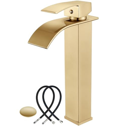 Midanya Waterfall Tall Bathroom Vessel Sink Faucet,Brushed Gold | with 24” cUPC Water Hoses,Pop Up Drain without Overflow,for 1 hole Vanity,RV,Lavatory,Bowl,Farmhouse,SUS304,Single Handle - color: Gold