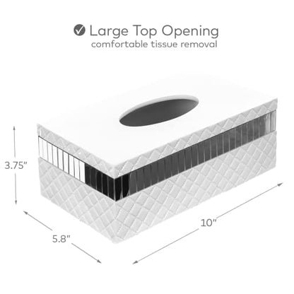 Creative Scents Quilted Mirror Rectangle Tissue Box Cover - White Tissue Box Holder Rectangular for Bathroom with Durable Bottom Slider - Tissue holders Decorative White Bathroom Accessories and Decor - style: Rectangle Tissue Box