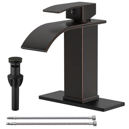 Bathroom Sink Faucet Waterfall Single Handle with Deck Plate | Oil Rubbed Bronze,Pop Up Drain,Single Hole,Precise Water Adjustment,Rust-resistant Construction,Easy to Clean,Long-time Use - color: Oil Rubbed Bronze, size: Modern Bathroom Sink Faucet