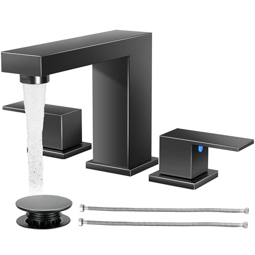 Cobbe Bathroom Faucet 3 Hole, Matte Black Bathroom Sink Faucet Widespread | Square 8 Inch with Pop-Up Drain, 2 Handle and 2 Supply Hoses, Lead-Free Stainless Steel, For Vanity, RV, Farmhouse - color: Black-2, size: 8 Inch Widespread