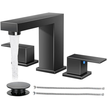 Cobbe Bathroom Faucet 3 Hole, Matte Black Bathroom Sink Faucet Widespread | Square 8 Inch with Pop-Up Drain, 2 Handle and 2 Supply Hoses, Lead-Free Stainless Steel, For Vanity, RV, Farmhouse - color: Black-2, size: 8 Inch Widespread