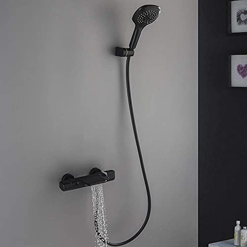 Wall Mounted Bathtub Faucet with Shower, Bath Shower Faucet System Mixer Thermostatic Mixer Taps Brass Shower Taps with Hand Shower and Shower Hose Set,Chrome,Black - color: Black
