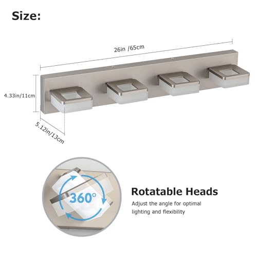 LED Vanity Light Fixture for Bathroom, 4-Light Brushed Nickel Bathroom Light Over Mirror, Modern Vanity Lighting Wall Light Fixtures - size: 4-Light,26Inch