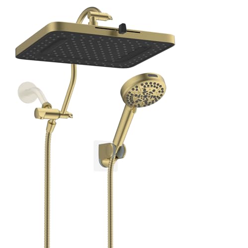 Hibbent 13'' 5-spray Rain Shower Head, 10-Spray Handheld, Brushed Gold | cUPC Certified High Pressure Dual Showerhead Combo, Upgraded Rainfall Shower Head, 12'' Extension Arm, 71'' Hose & Holder - color: Brushed Gold, style: Square 13''