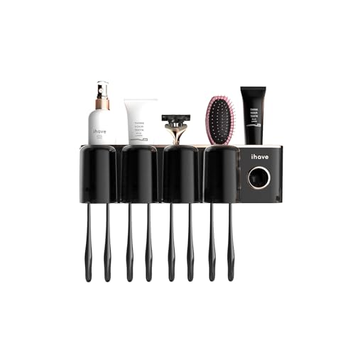 iHave Toothbrush Holders for Bathrooms Wall Mounted with Dispenser & 4 Cups | 12 Slots Wall Mount Toothbrush Holders for Bathrooms with Squeeze Toothpaste Dispenser, 4 Cups & 4 Compartments Organizer - color: Black 4 Cups