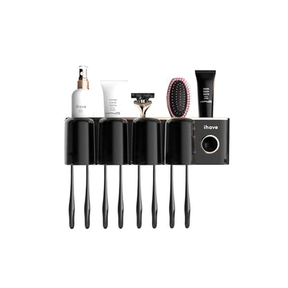 iHave Toothbrush Holders for Bathrooms Wall Mounted with Dispenser & 4 Cups | 12 Slots Wall Mount Toothbrush Holders for Bathrooms with Squeeze Toothpaste Dispenser, 4 Cups & 4 Compartments Organizer - color: Black 4 Cups