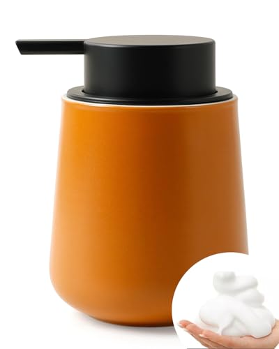 Bosilunlife 12Oz Ceramic Foam Soap Dispenser for Bathroom Kitchen Counter | Premium countertop foam pump creates delicate dense foam, stable desktop placement, Orange - color: Orange