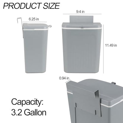 Plastic Hanging Trash Can, 3.2 Gallon Kitchen Compost Bin | Space-Saving Over-Cabinet Door, for Counter Top, Under Sink or Wall Mount, Small Garbage Can for Cupboard/Bathroom/Bedroom/RV