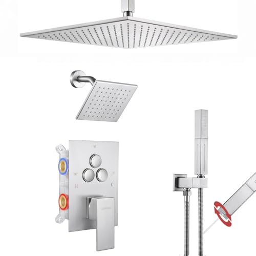 VANFOXLE Shower Faucet Set Brushed Nickel Shower System,Push Button Diverter Shower Faucet with 2 in 1 Handheld,Ceiling Mount 13 Inch Shower Head with 6 Inch Wall Mount Shower Head - color: Brushed Nickel, style: 13"+6" Head