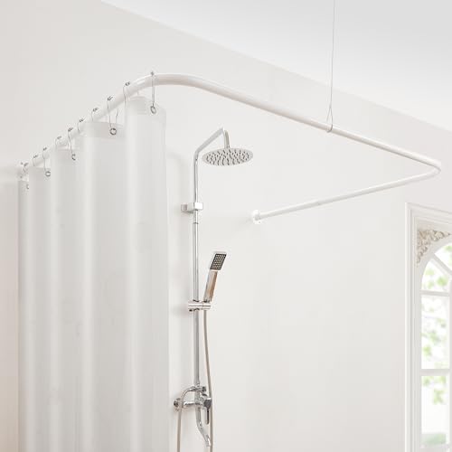 U Shaped Shower Curtain Rod, [Both Sides: 24"-52", Middle: 31"-47"] Adjustable U Shape Outdoor Corner Curtain Pole for Bathroom Bathtub with 12 Hooks & Ceiling Support - White - color: White