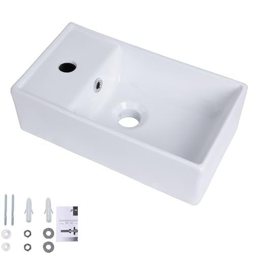Small Wall Mount Bathroom Vessel Sink, QISHKA 15.5" X 8.5" Rectangular Floating Ceramic Wash Hand Basin- White Wall Hung Vanity Sink with Overflow for Small Bathroom (Left Hand) - size: 15.5" x 8.5" x 5.1"