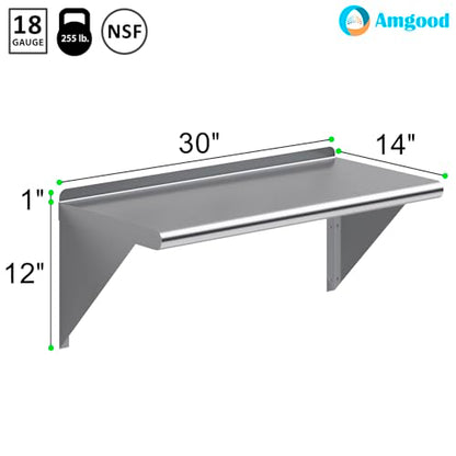 AmGood 14 in. x 30 in. Stainless Steel Wall Shelf | NSF | Metal Shelving | Garage, Laundry, Storage, Utility Room | Restaurant, Commercial Kitchen - size: 30" Long X 14" Deep
