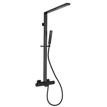 Wall Mounted Contemporary Thermostatic Shower Faucet Set Mixer Bathroom Bathtub Tap Fixtures Rainfall Waterfall Exposed Pipe Shower System with Tub Spout for Shower and Bath 3 Functions Matte Black