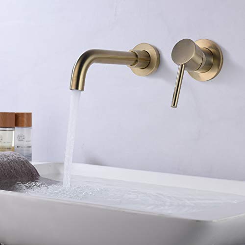 Sumerain Wall Mount Bathroom Faucet Brushed Gold,Single Handle with Brass Rough-in Valve - color: Brushed Gold, size: Right-Handed