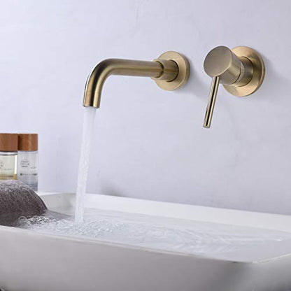 Sumerain Wall Mount Bathroom Faucet Brushed Gold,Single Handle with Brass Rough-in Valve - color: Brushed Gold, size: Right-Handed