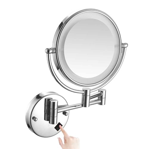 Wall Mounted Makeup Mirror with Lights,Double Sided 1X/10X Magnifying Vanity Mirror with Push Button Switch,360° Swivel Design, Extendable and Folding Arm - for Men and Women - color: Silver, size: Plugln