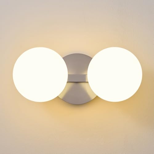 Nickel Globe Wall Sconce,Vanities Lights with 2 Milk Glass Shades. | 6" Modern Spherical Vanity Sconces,Contemporary Small Brass Ball Lights Fixture for Entryway Bedside Bathroom,E26 Base - color: Nickel - Milk Glass, size: 2-Light