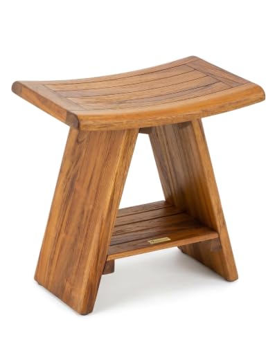 StrongTek Teak Shower Stool with Shelf, 18 in, Curved Seat, 400 lb Capacity | Quick-Dry Slats, Water-Resistant Surface, Solid Construction, Easy-Access Shelf, Shower, Bathtub and Bathroom Use