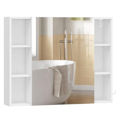 Hzuaneri Bathroom Cabinet with Mirror, Wall Cabinet with Storage Space | Wall Mounted with Reversible Install Storage Space,6 Open Compartments,3 Hidden Storage Shelves,Hooks,6.5"Dx25.6"Wx 31.5"H