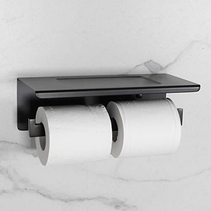 Matte Black Toilet Paper Holder - Toilet Paper Double Roll Holder with Shelf Wall Mounted for Bathroom, Stainless Steel - color: Black