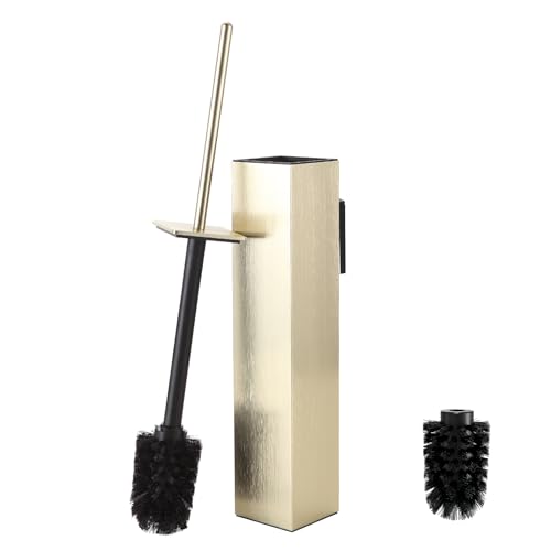 Toilet Brush and Holder Wall Mounted, Brushed Gold Aluminum with 2 Replaceable Heads, Bathroom Toilet Brush, Drill or 3M Adhesive Mount, Removable Liner and Splash Guard, Modern Square Design - color: Brushed Gold-wall Mounted