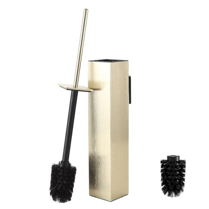 Toilet Brush and Holder Wall Mounted, Brushed Gold Aluminum with 2 Replaceable Heads, Bathroom Toilet Brush, Drill or 3M Adhesive Mount, Removable Liner and Splash Guard, Modern Square Design - color: Brushed Gold-wall Mounted