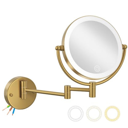 8" Magnifying Makeup Mirror Wall Mounted with Lights, Brushed Moderne Brass | 10X Magnification, Touch Sensor 3 Color LED, Adjustable Brightness, Gold Bathroom Shaving Vanity Swing Arm, Hardwired - color: Brushed Moderne Brass