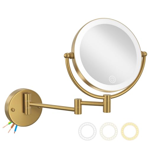 8" Lighted Magnifying Makeup Mirror Wall Mounted, Brushed Moderne Brass | 1X/10X Double Sided, 3 LED Color Touch Dimmable, 360 Swivel Gold Extendable Arm Vanity Shaving for Bathroom, Rechargeable - color: Brushed Moderne Brass