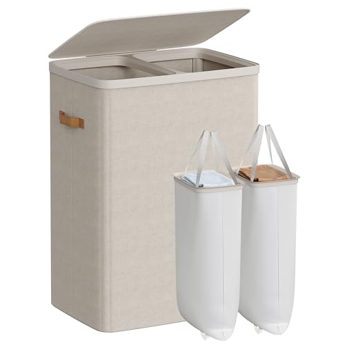 SONGMICS Laundry Basket, 44.9 Gal. Laundry Hamper, 2 Compartments, Easy Assembly, with Lid and Handles, Removable Liners, 22 x 15.7 x 29.5 Inches, Cappuccino Beige ULCB813L01 - color: Cappuccino Beige, size: 170 L (2-Section)