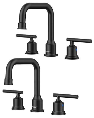 WOWOW Black Bathroom Faucet 3 Hole, Widespread Vanity Sink Faucets 8 Inch | Copper Inlet Faucet for Bathroom Sink with Swivel Spout, 2 Handles Lavatory Tap with Drain and cUPC Supply Line (Set of 2) - color: Black x 2, style: Upgrade-8 Inch