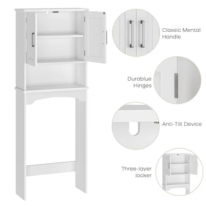 Over The Toilet Storage Cabinet, Double Door Over Toilet Bathroom Organizer, Space-Saving & Open Shelf & Anti-Tip Device, White