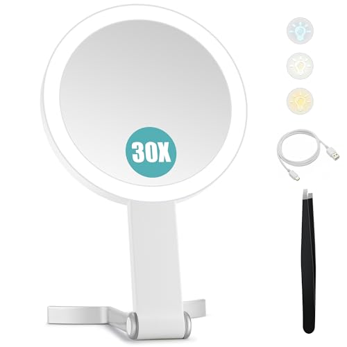 30x/1x Magnifying Travel Mirror with Light, Double-Sided Rechargeable Adjustable Brightness 3 Colour Lighting, Folding, Handheld/Hangable/Tabletop, 3 Ways Using Mirror, White - color: White-travel