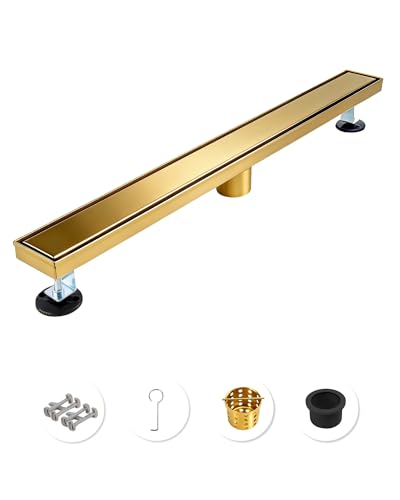 28 Inch Brushed Gold Linear Shower Drain | CUPC Certified 2-in-1 Tile Insert for Curbless Showers. 304 Steel, 15.8GPM Flow. Includes Hair Catcher & Adjustable Feet. - color: Gold, size: 28in