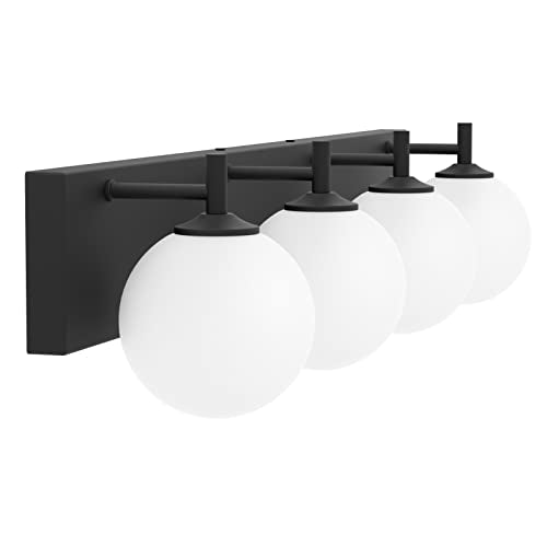 Aipsun Bathroom Light Fixtures, 4 Lights Matte Black Vanity Light, Modern Wall Sconces Lighting, Modern Bath Wall Mounted Lights with Milky Glass Globe(Exclude Bulb) - color: Black, size: 4 Lights