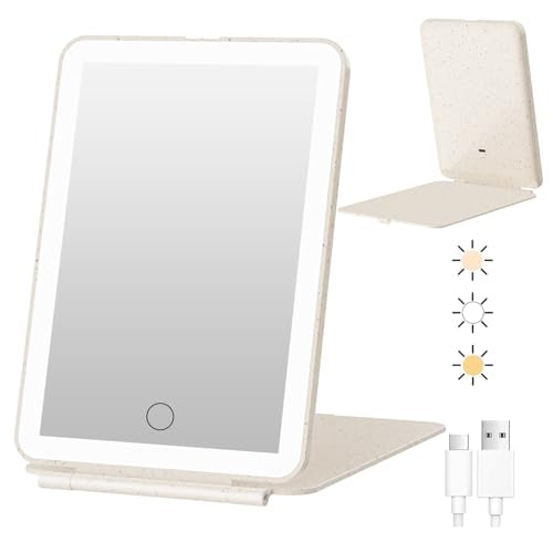 FUNTOUCH Rechargeable Travel Makeup Mirror with 72 Led Lights | Portable Lighted Makeup Mirror, 3 Color Lighting, Dimmable Touch Screen, Type C, Tabletop LED Folding Cosmetic Vanity Mirror - color: Straw Color