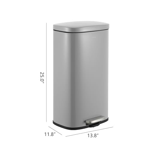 happimess Curtis 8 Gal Step Trash Can Soft Close 25", Gloss Gray | Iron Construction, Satin Finish, Removable Liner, Steel Pedal, 20 Trash Bags Included, Kitchen Office Bin - color: Fog Gray