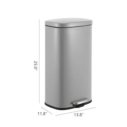 happimess Curtis 8 Gal Step Trash Can Soft Close 25", Gloss Gray | Iron Construction, Satin Finish, Removable Liner, Steel Pedal, 20 Trash Bags Included, Kitchen Office Bin - color: Fog Gray