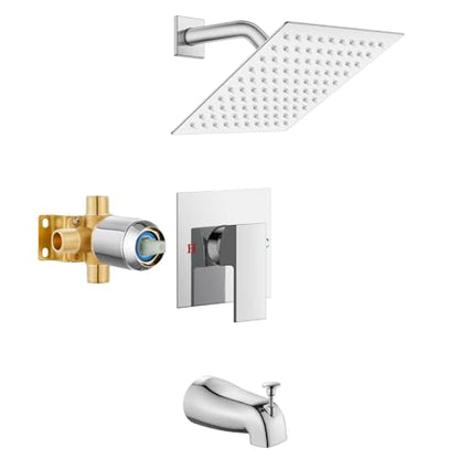 Airuida 8 Inch Shower Faucet Set,Bathtub Faucet Kit,8 Inch-Chrome Polish | Shower Tub Faucet Set,Male Threads Rough-In Valve,Square Head Shower System - color: Chrome, size: 8 Inch
