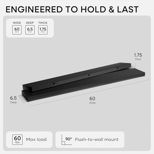Floating Black Shelf 60 inch, High End Solid Real Wood 60 inches Long Floating Shelves for Wall, Black Wooden 60inch Large Floating Shelves, Heavy Duty Bracket, 60 X 6.5 X 1.75 in, Set of 2 - color: Modern Black - Rich Neutral Satin, size: 60 inch